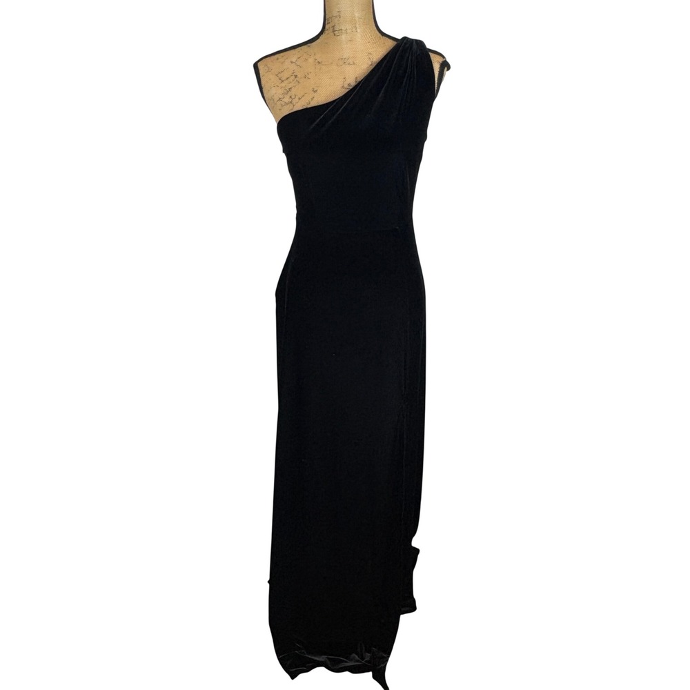 Birdy Grey Kira One Shoulder Black Velvet Maxi Dress Slit Bridesmaid Size Medium
